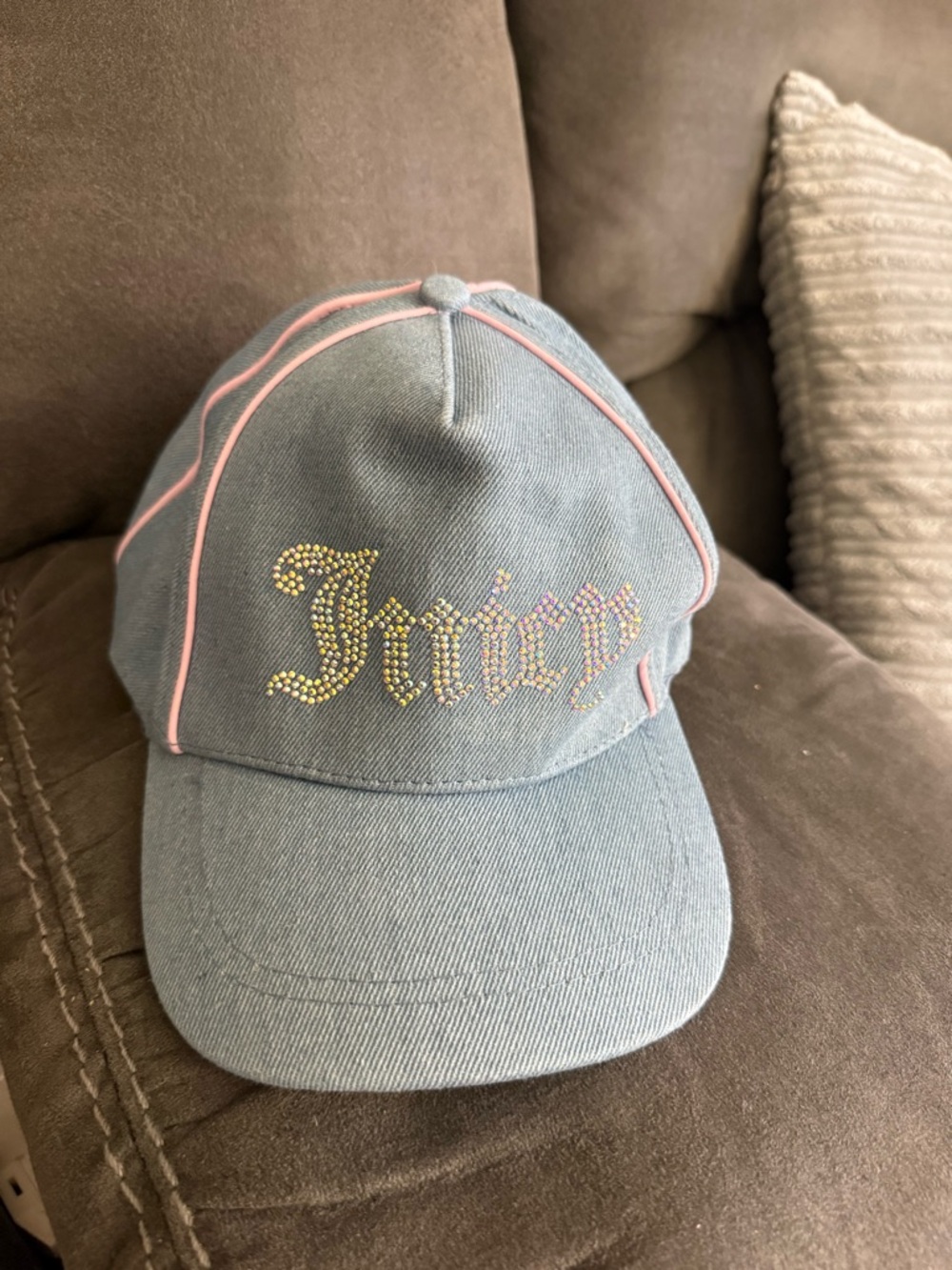 Juicy Couture Light Blue Denim Cap with Pink Piping and Crystal Logo
